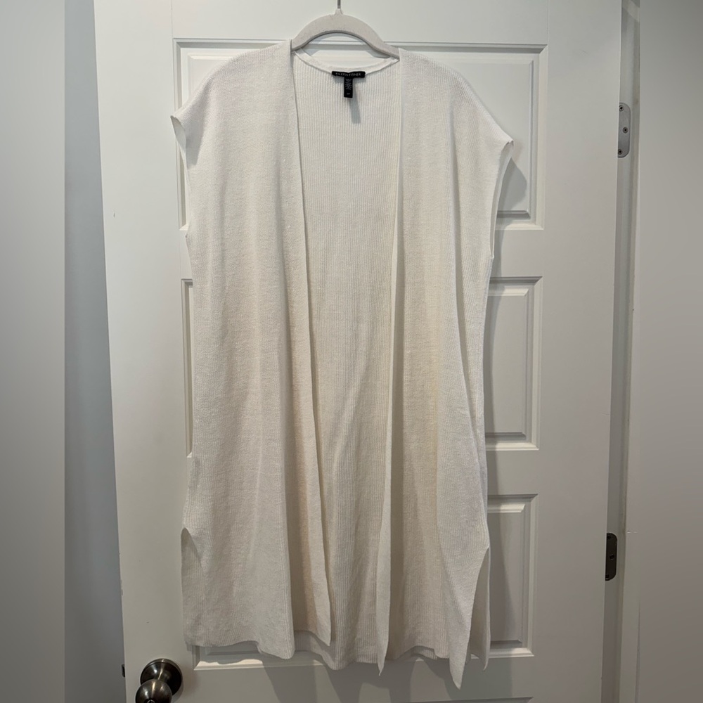 Eileen Fisher S White Open Cotton/Linen Sweater Vest